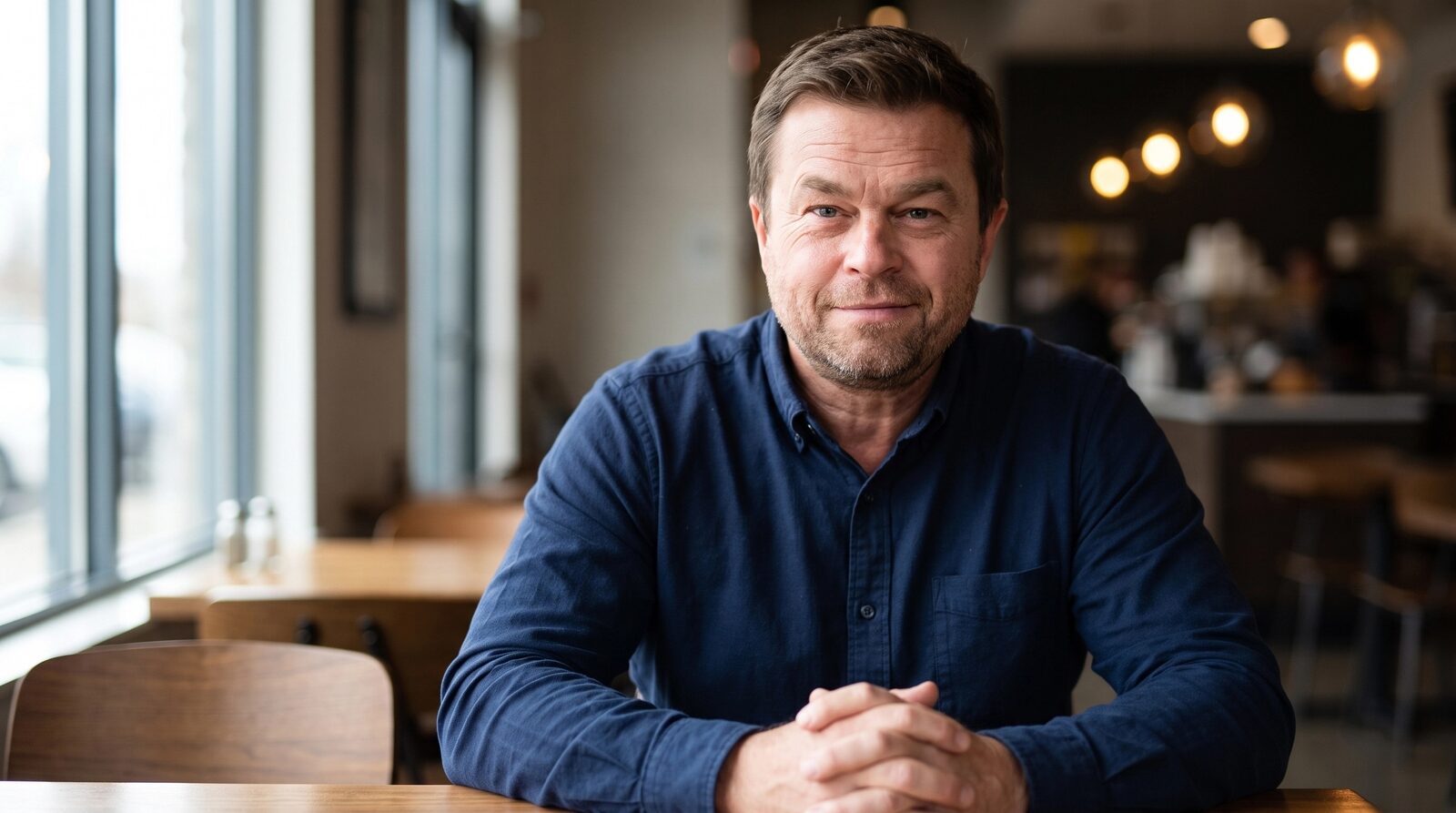 Matt McCune sitting at a café table by a window, hands folded, smiling slightly